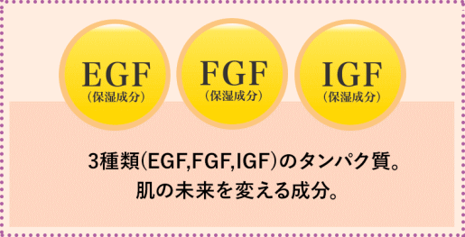 RE：アールイープラセンタ美容液にはEGF,FGF,IFJが配合されています